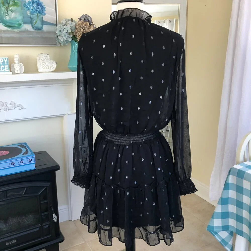 NSR Emma Black Semi Sheer Tiered Ruffle Whimsygoth Ruched Mini Dress Small - Picture 4 of 11